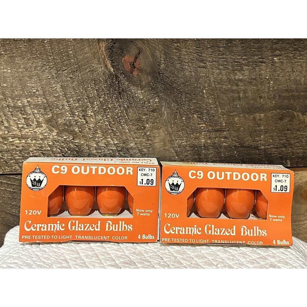Orange C9 Glazed Bulbs Outdoor Christmas New , VTG Halloween 2 Pack